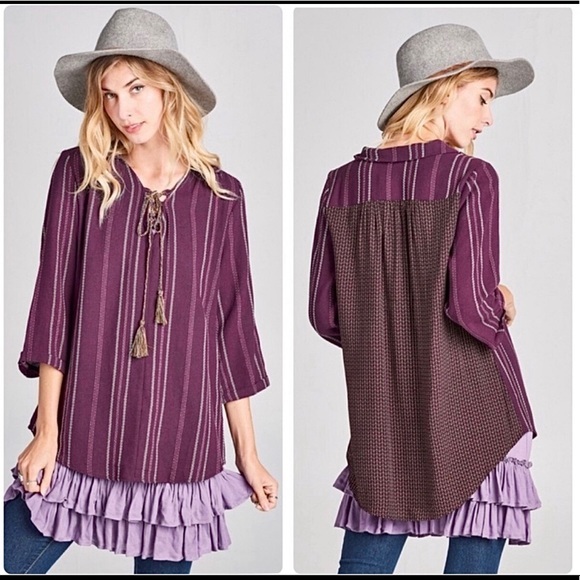 see picture Tops - BOHO shirt woven knit TOP variegated stripe jacquard top S TRENDING deep Purple